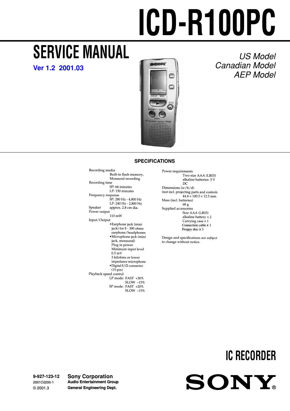 sony icd r 100 pc service manual