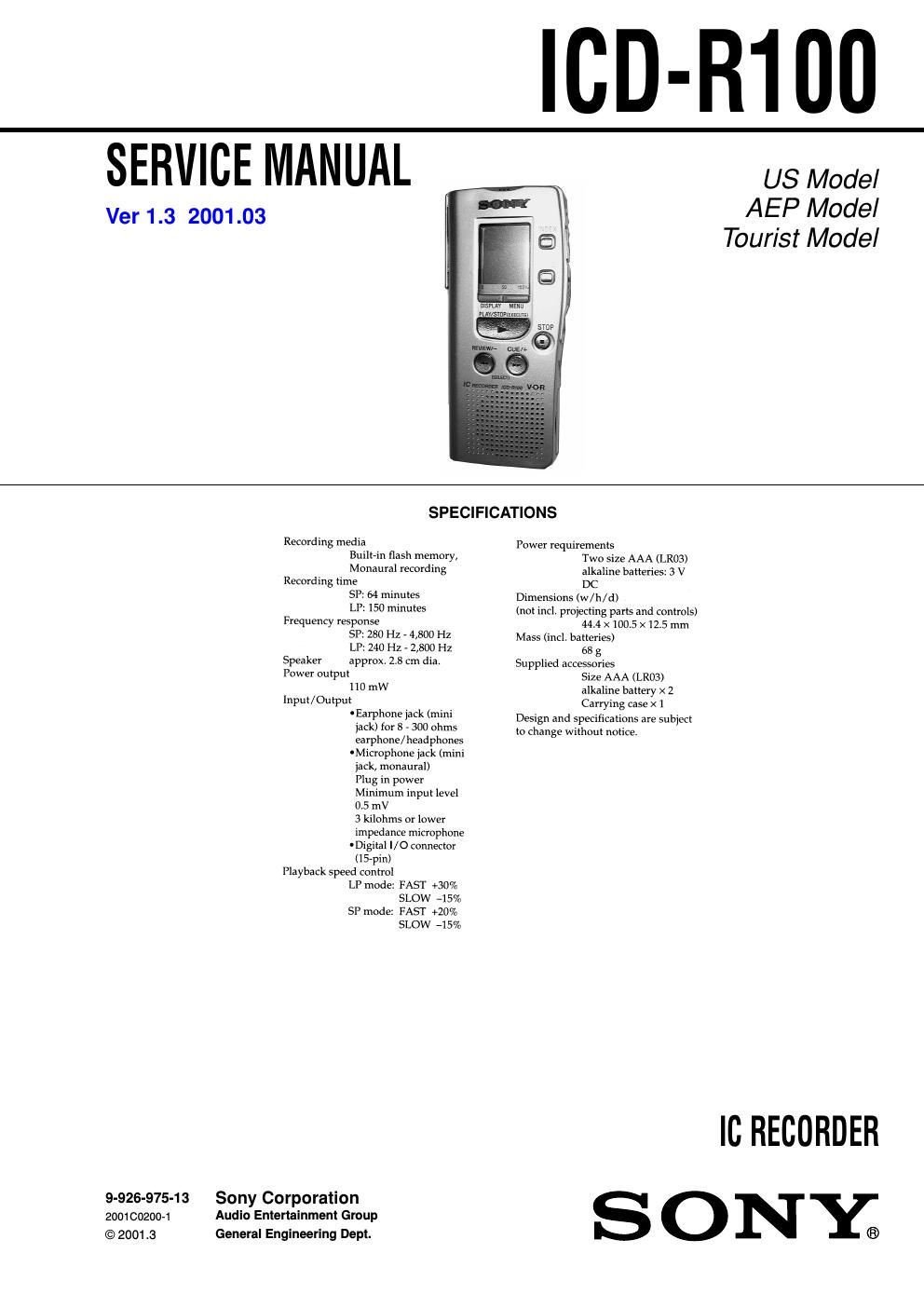 sony icd r 100 service manual