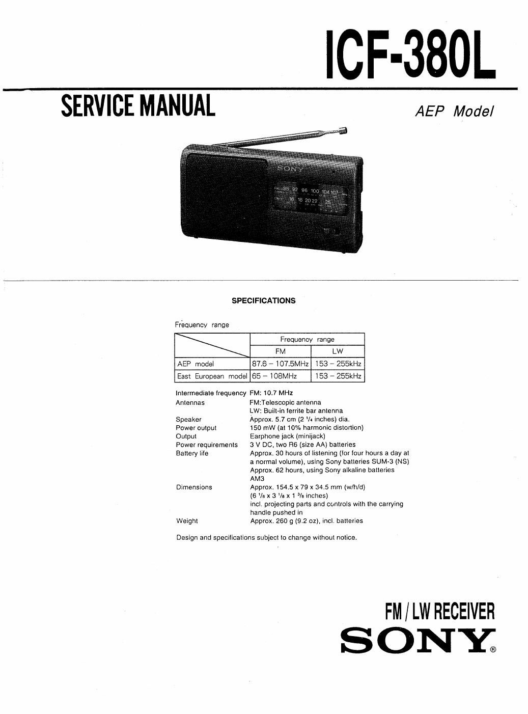 sony icf 380 l service manual