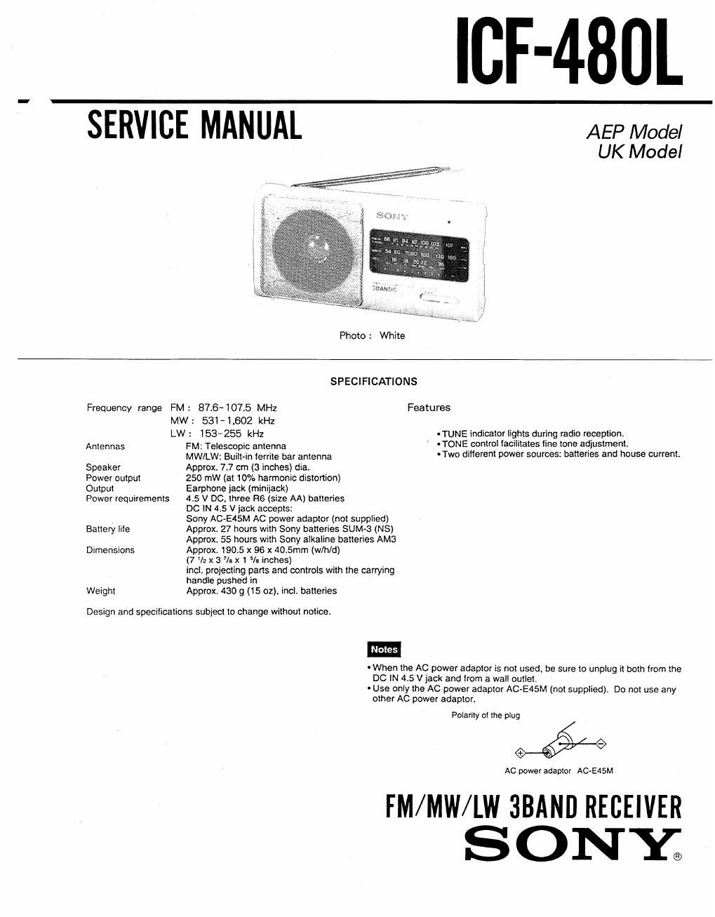 sony icf 480 l service manual