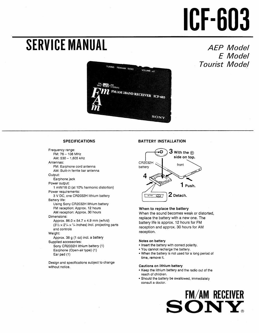 sony icf 603 service manual