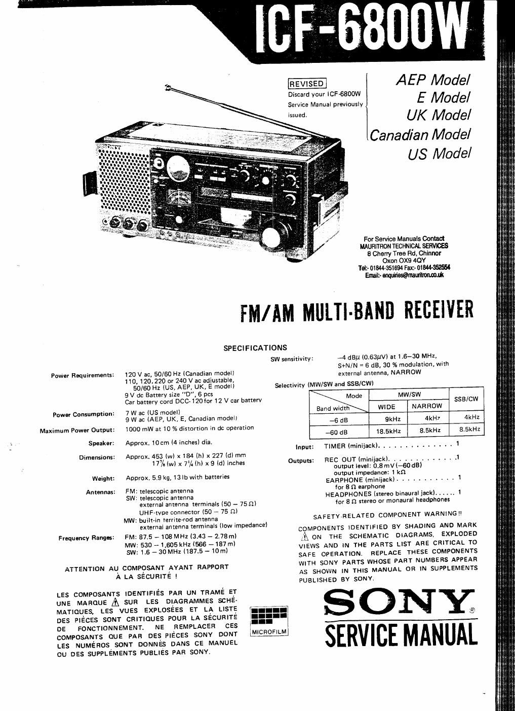 sony icf 6800 w service manual