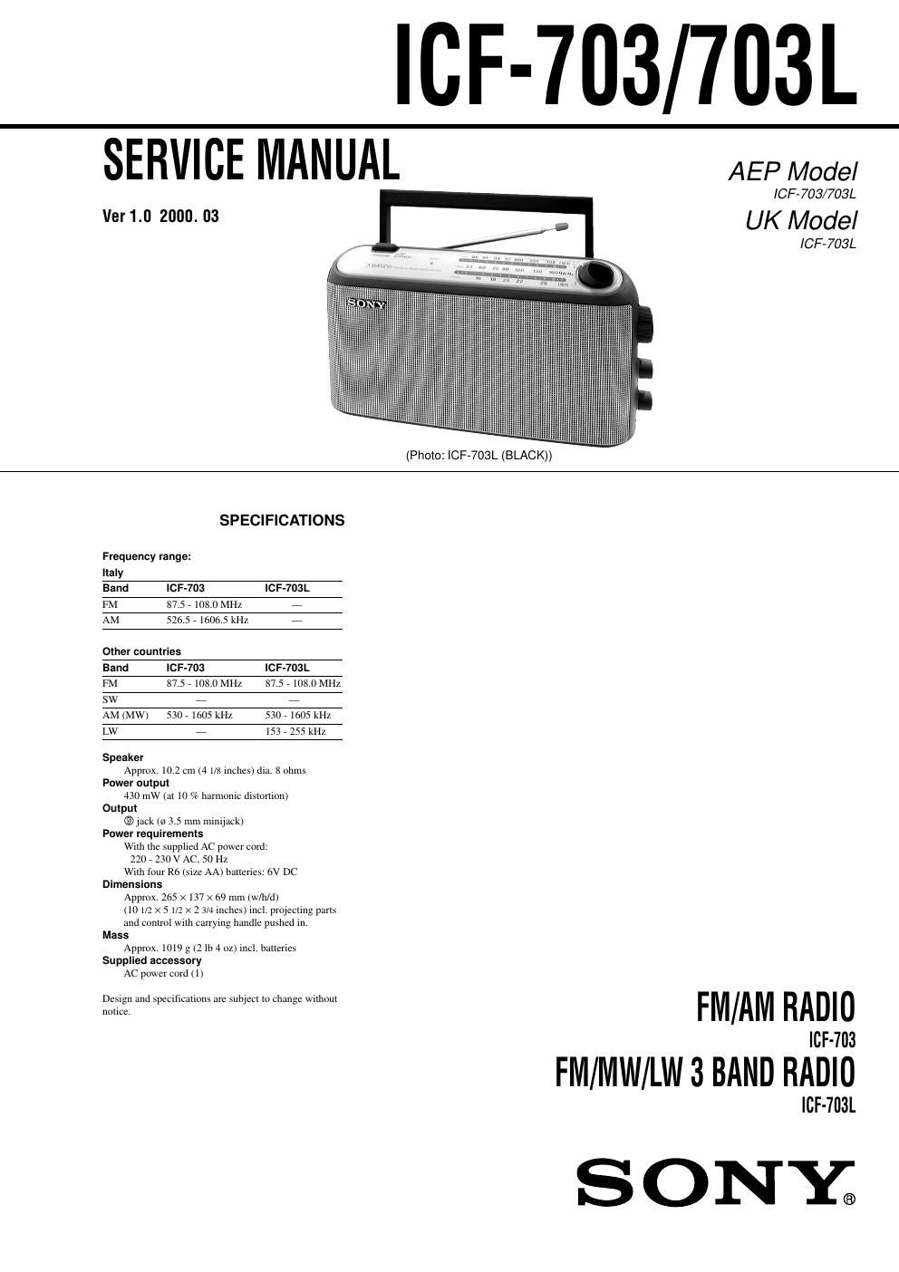 sony icf 703l service manual