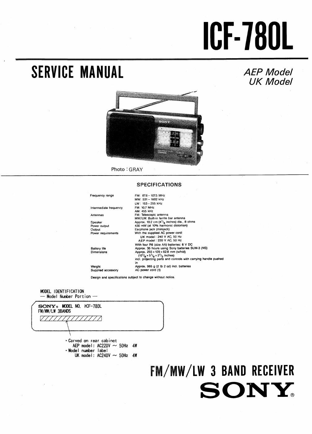 sony icf 780 l service manual
