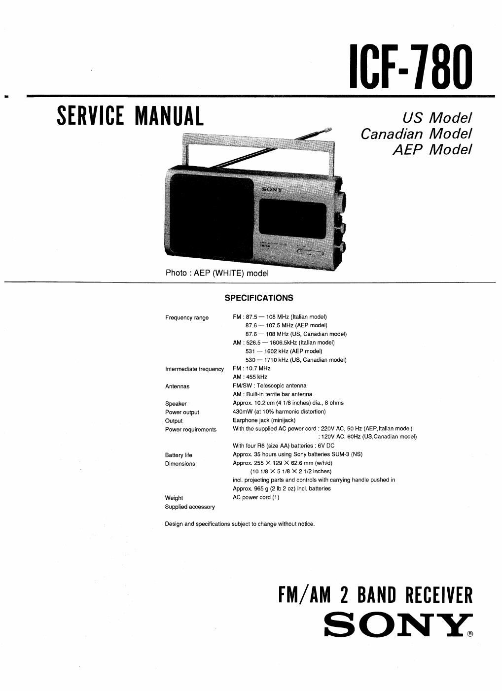 sony icf 780 service manual
