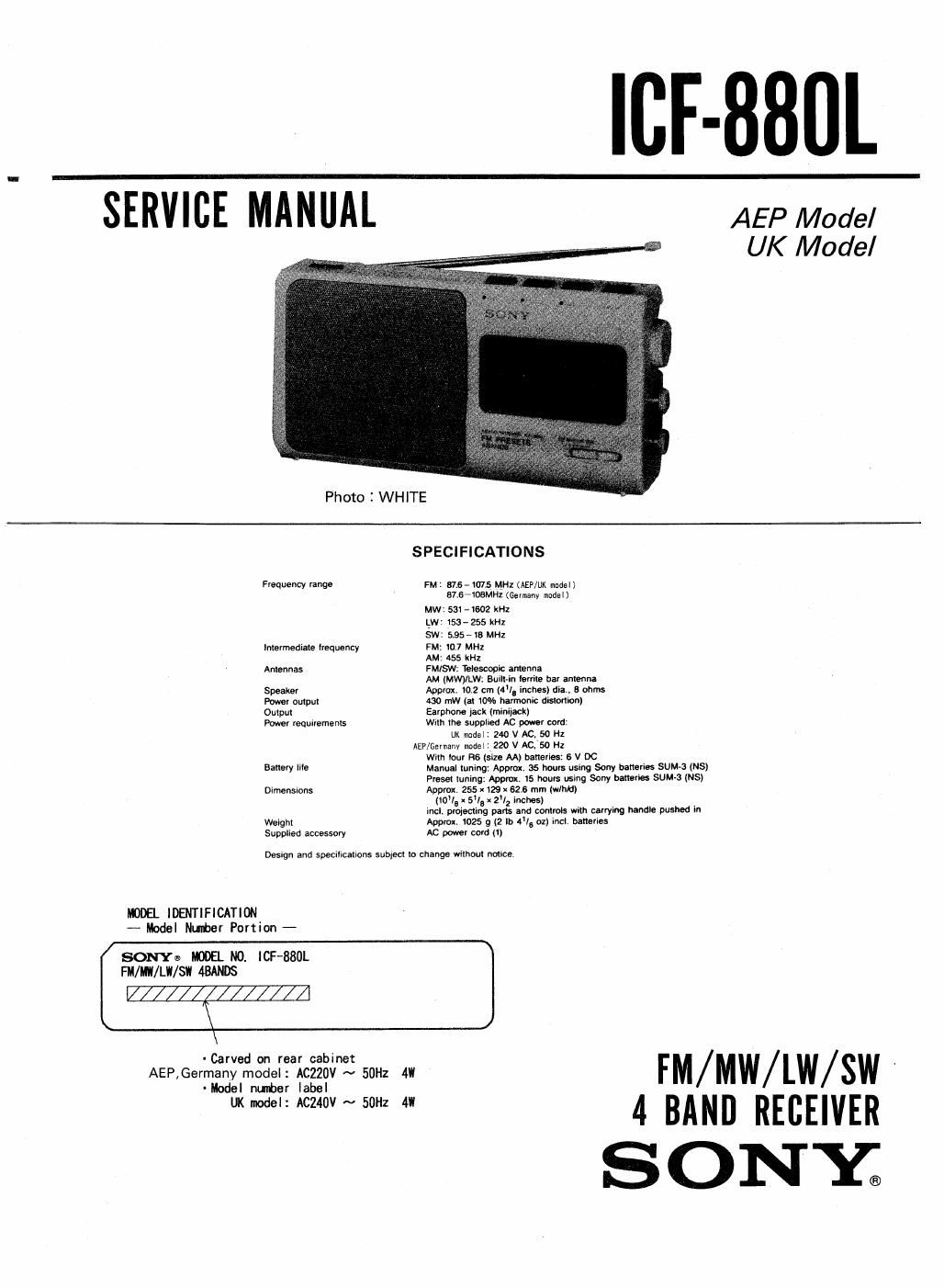 sony icf 880 l service manual