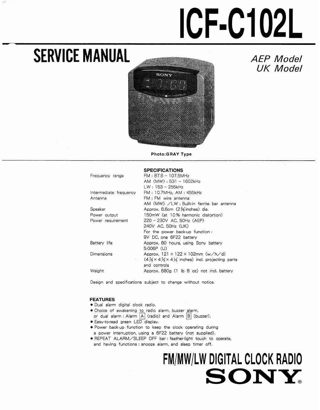 sony icf c 102 l service manual