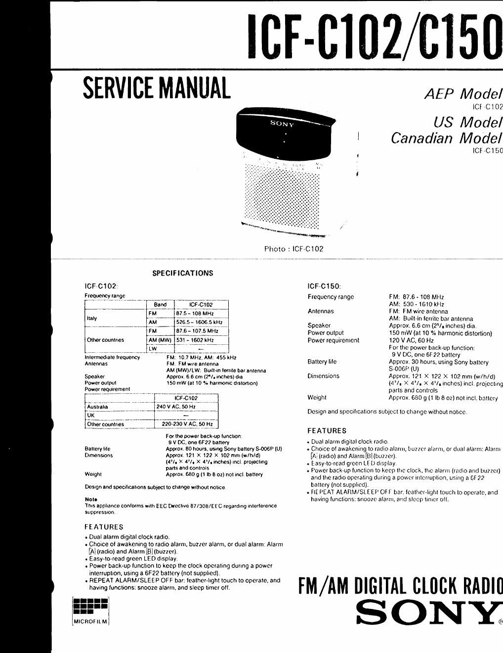 sony icf c 102 service manual
