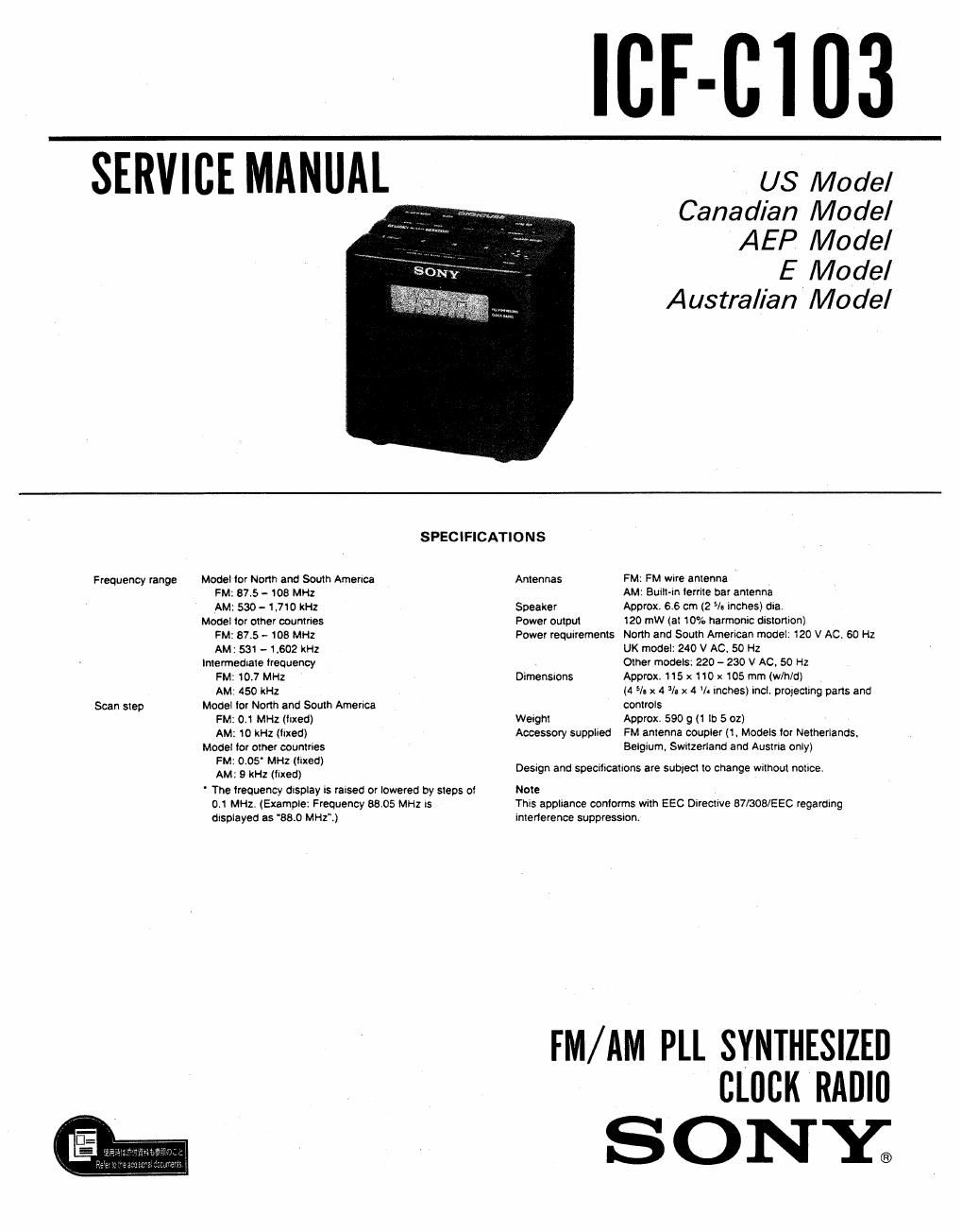 sony icf c 103 service manual