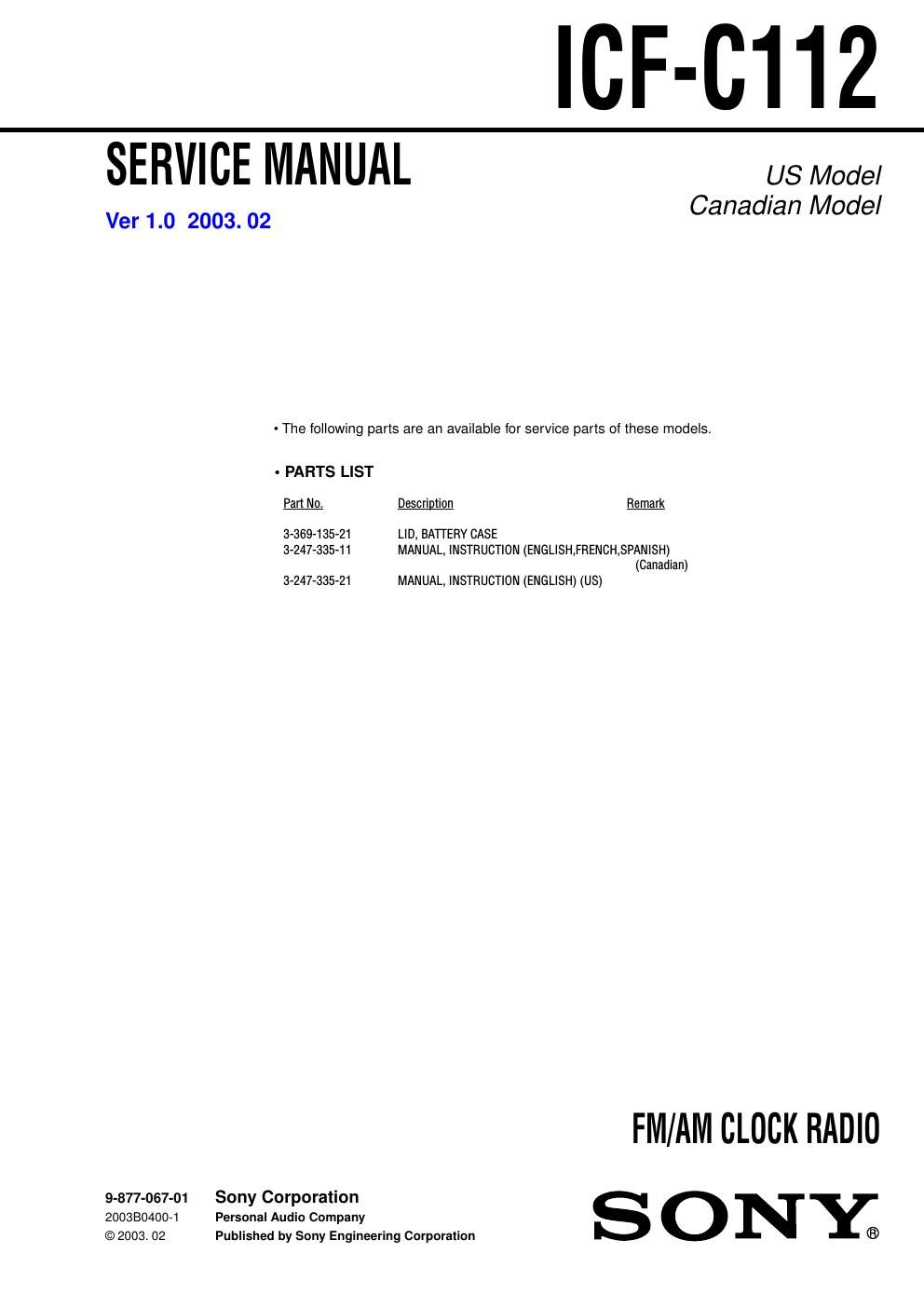 sony icf c 112 service manual