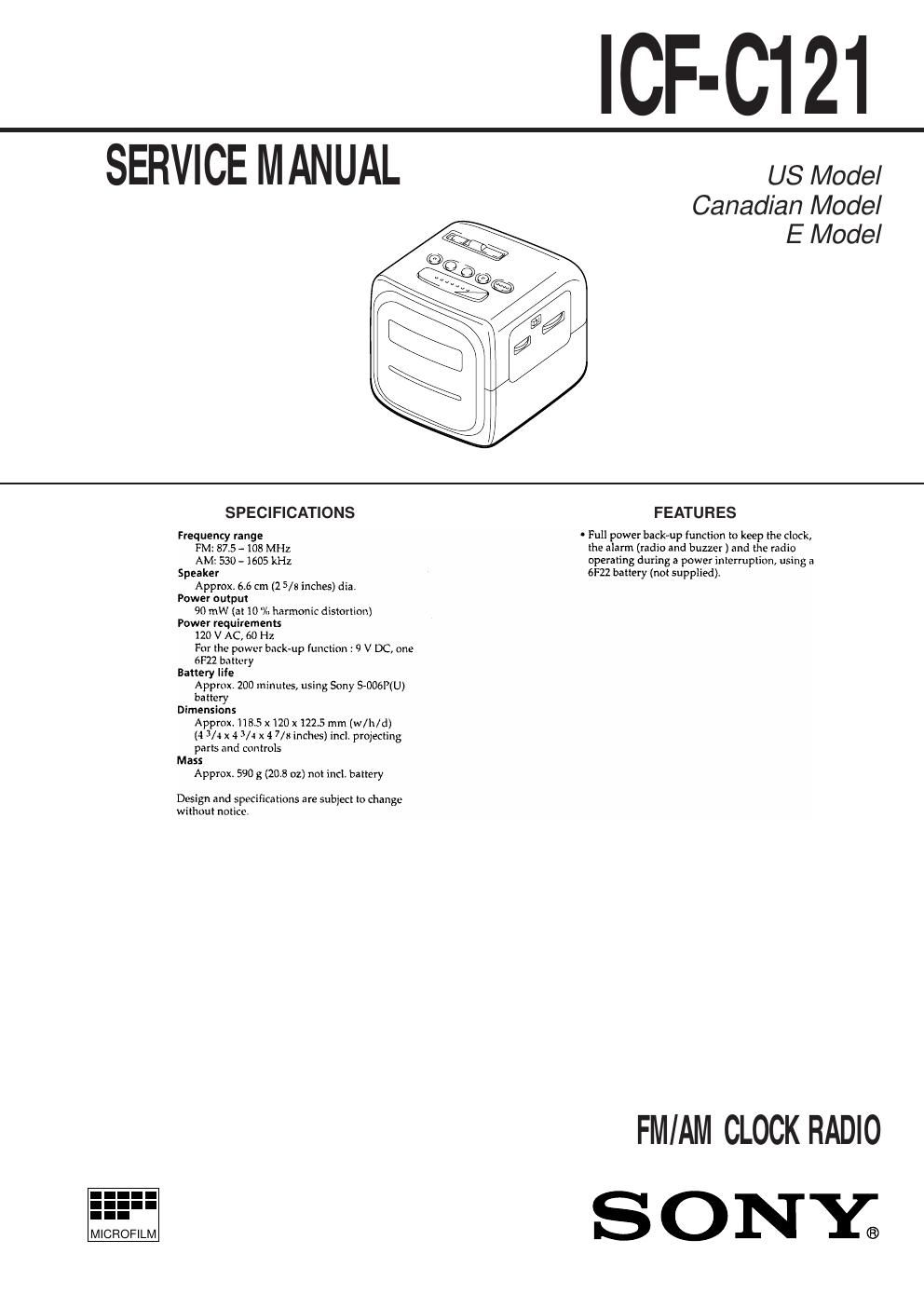 sony icf c 121 service manual