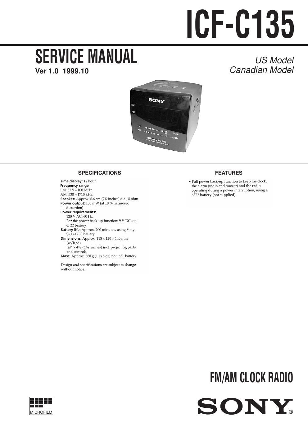 sony icf c 135 service manual