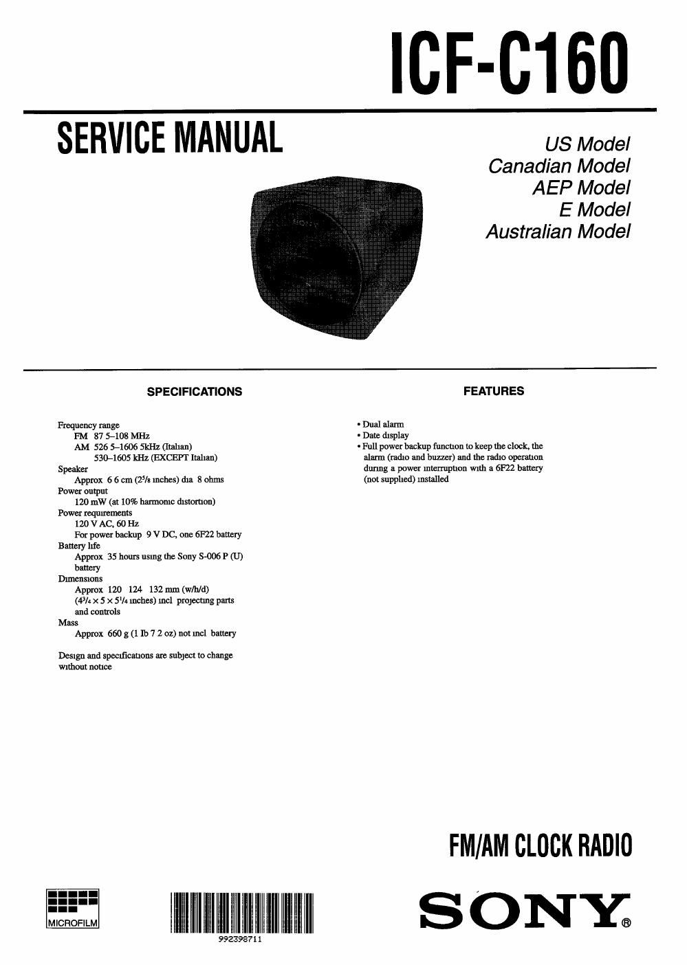 sony icf c 160 service manual