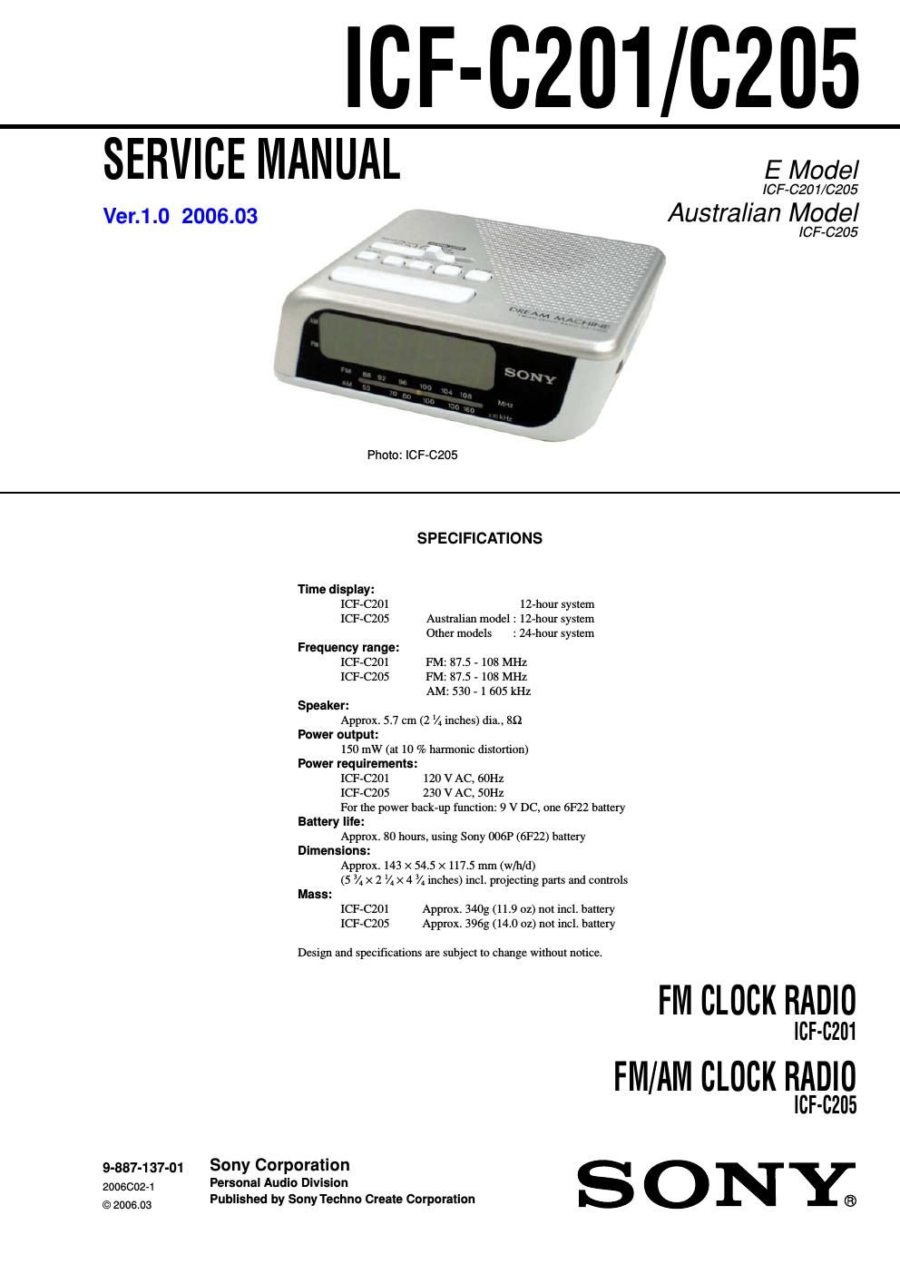 sony icf c 201 service manual