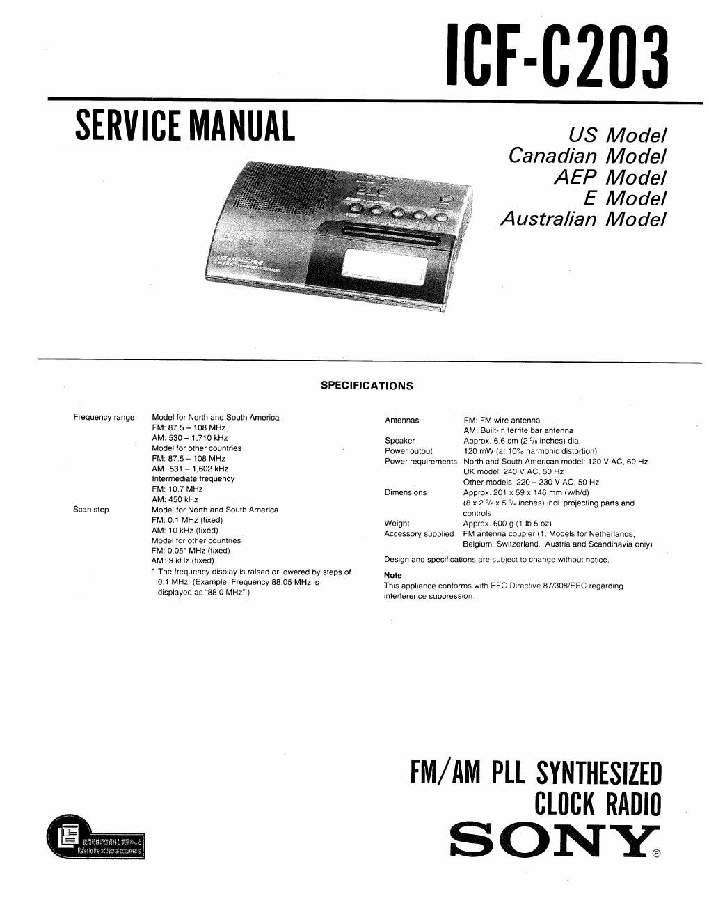 sony icf c 203 service manual