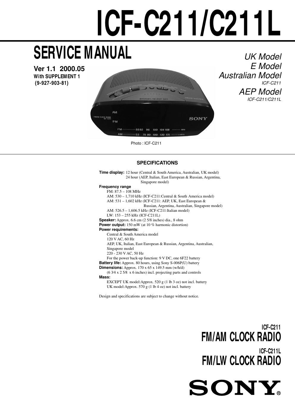 sony icf c 211 service manual