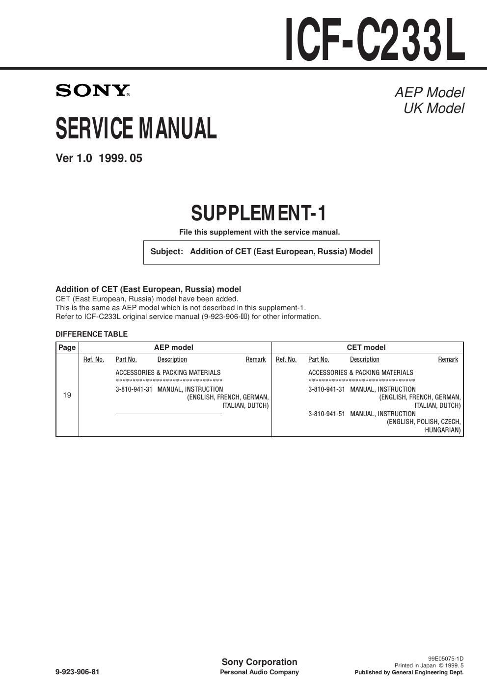 sony icf c 233 l service manual