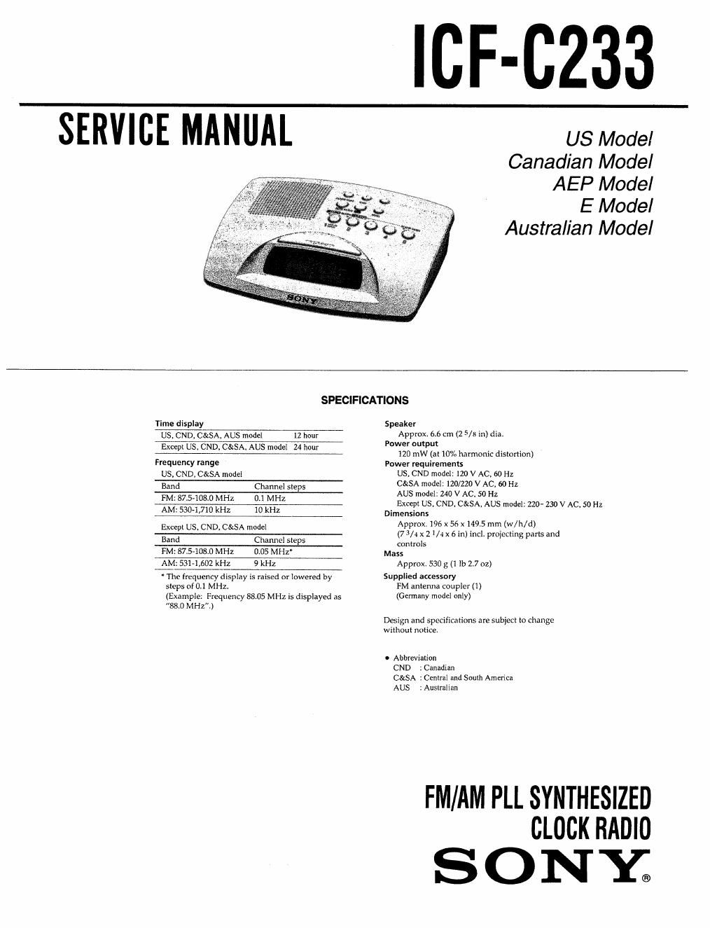sony icf c 233 service manual