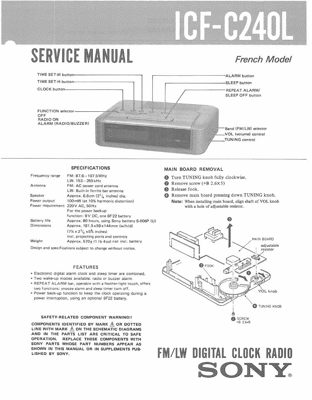 sony icf c 240 l service manual