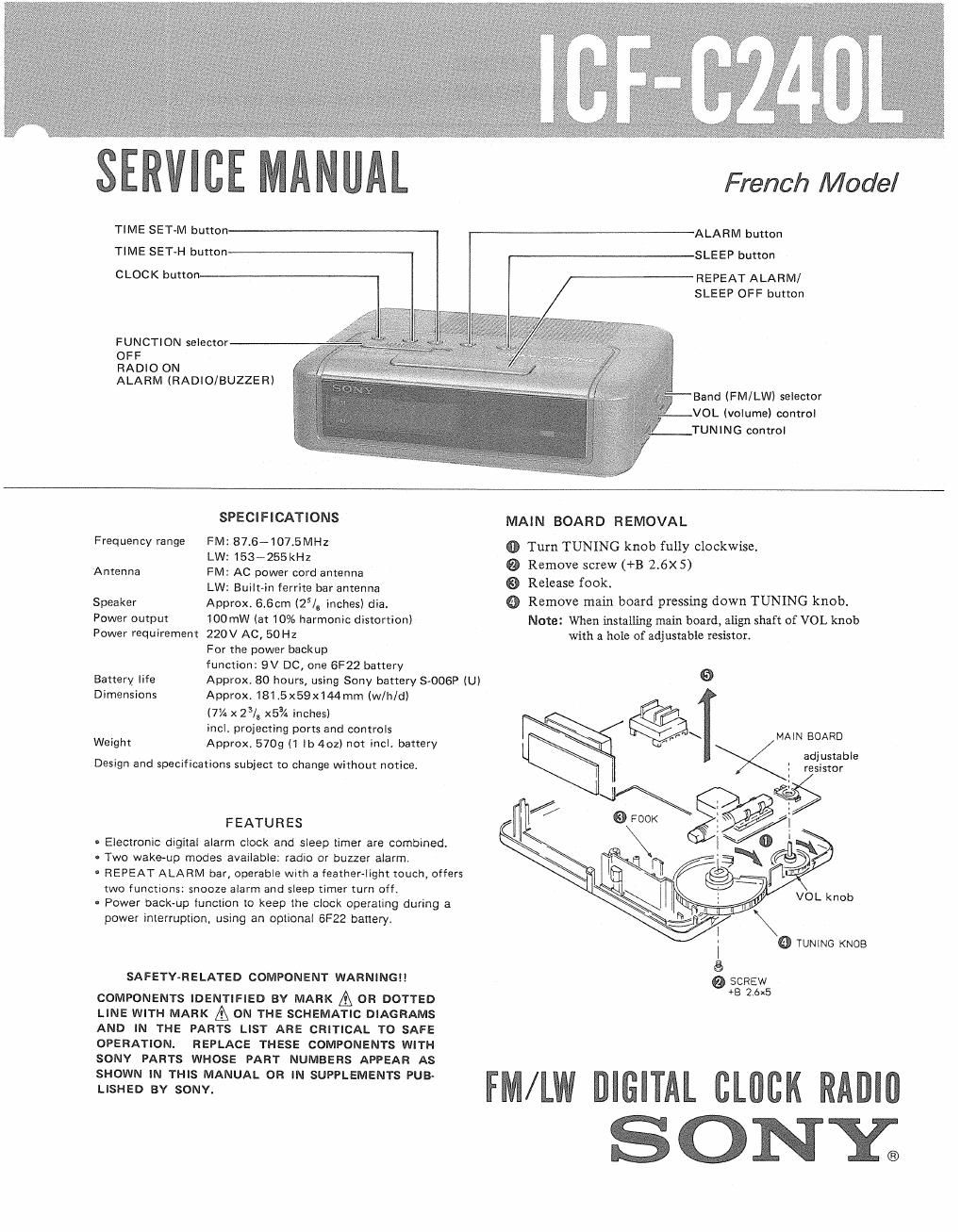 sony icf c 240 l service manual