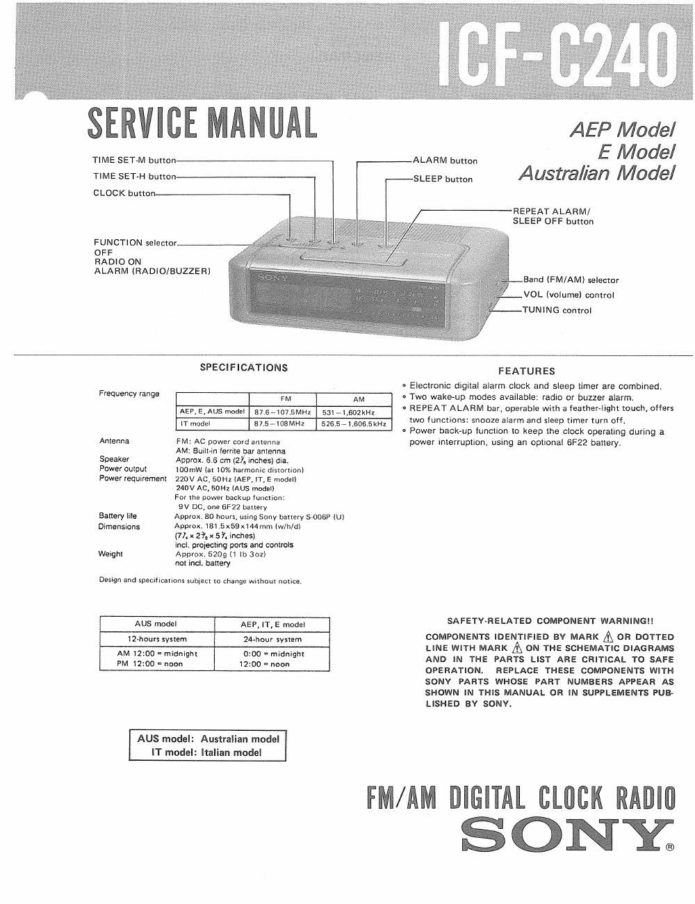 sony icf c 240 service manual
