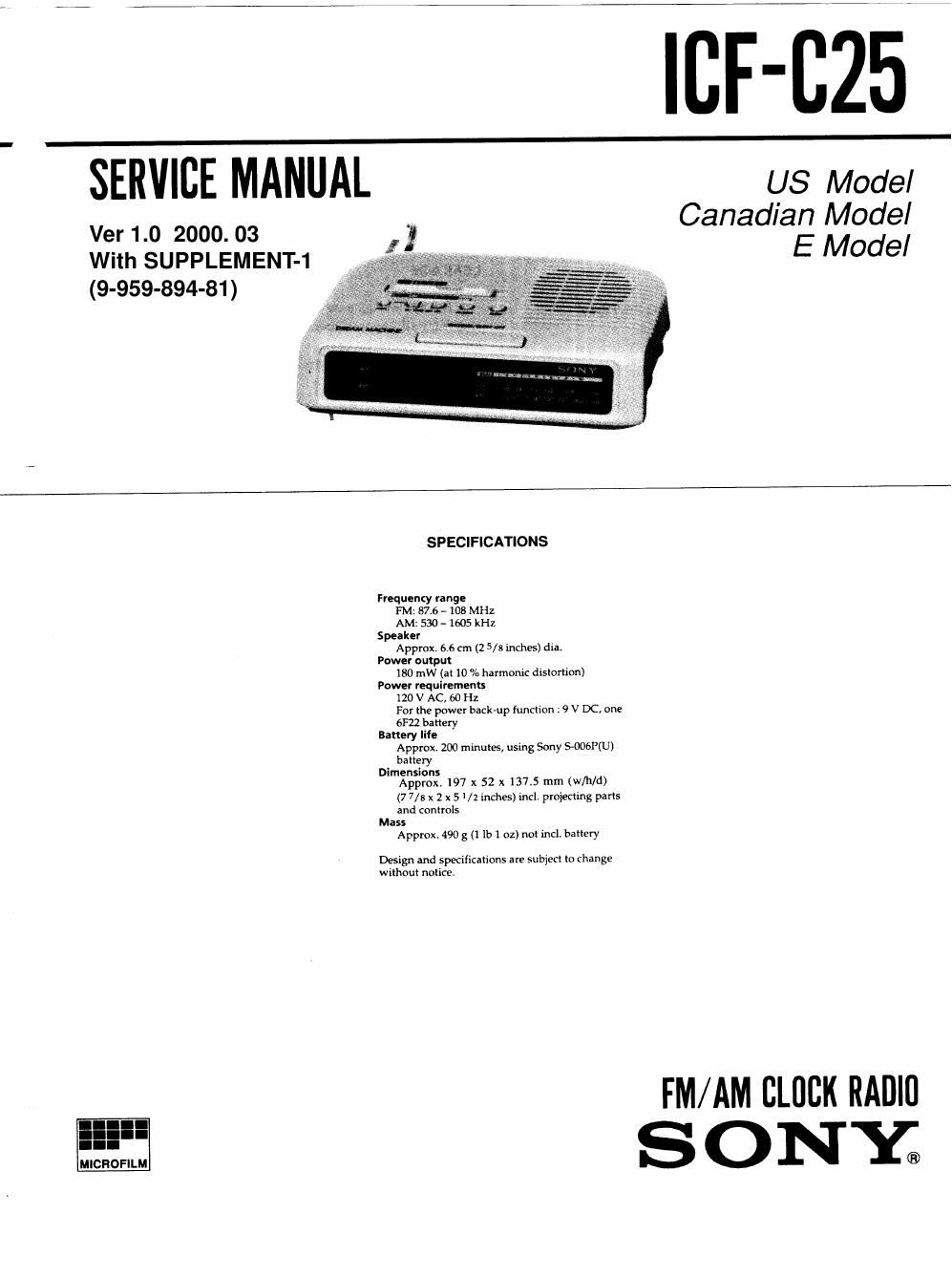 sony icf c 25 service manual
