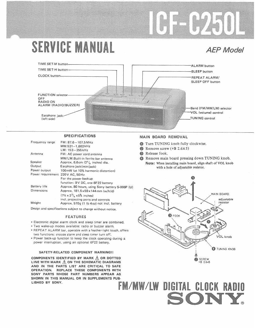 sony icf c 250 l service manual