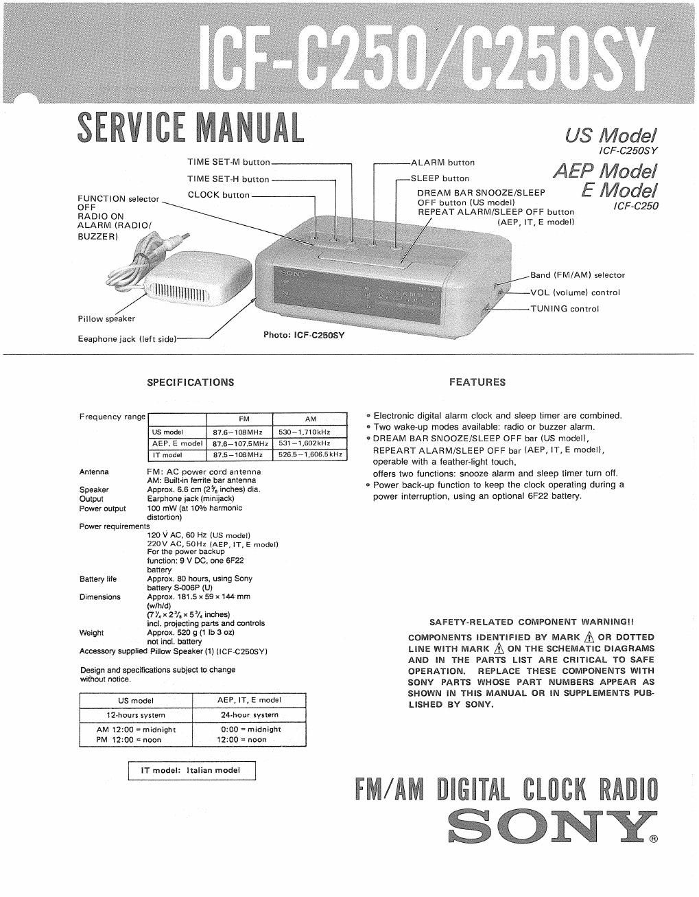 sony icf c 250 sy service manual