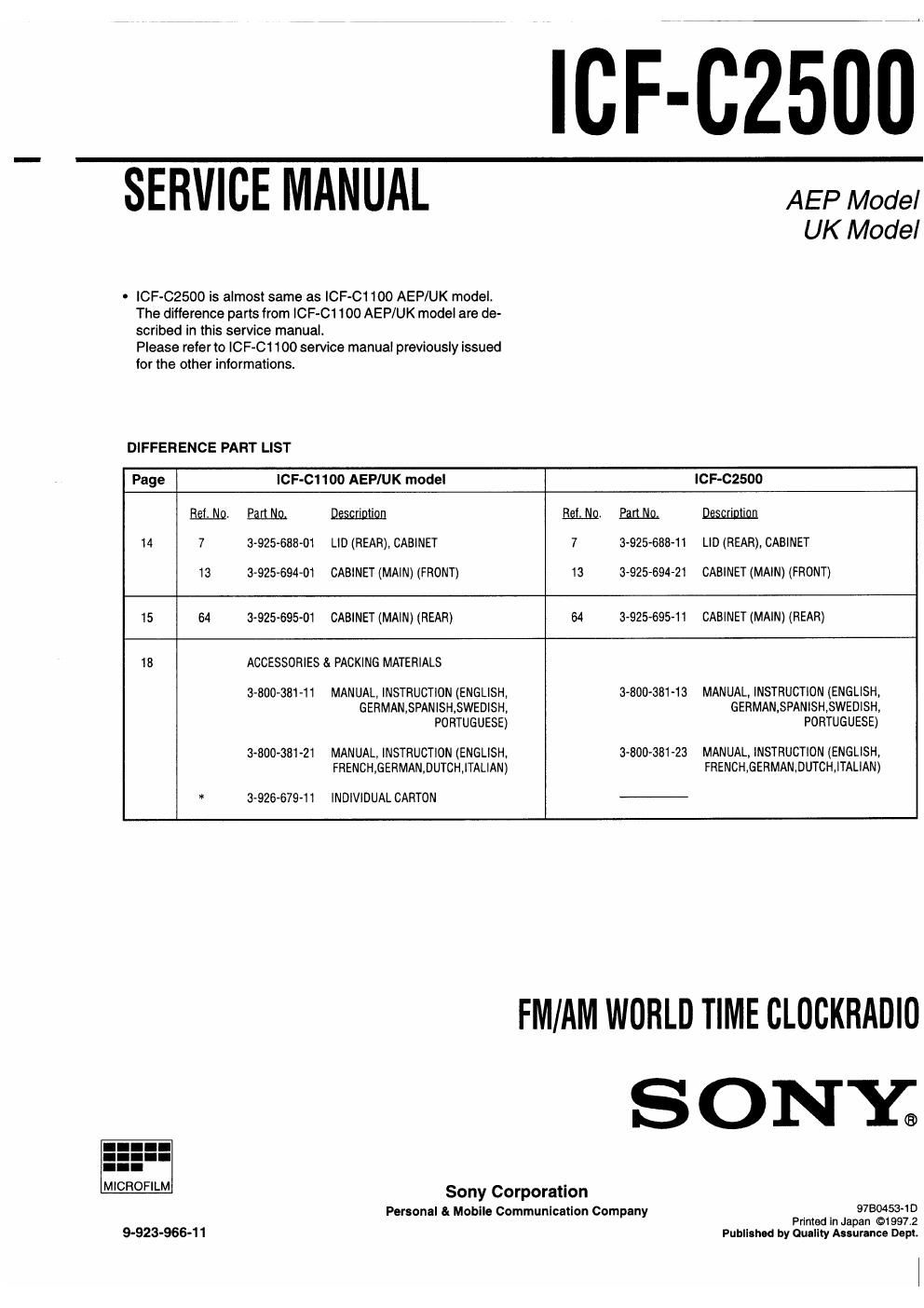 sony icf c 2500 service manual