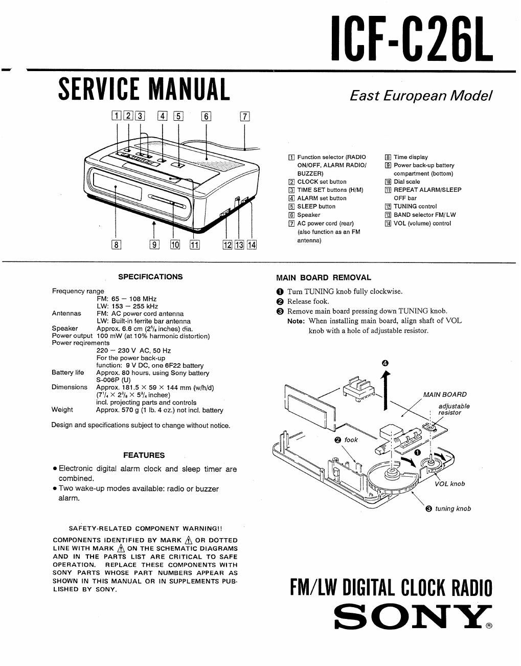 sony icf c 26 l service manual