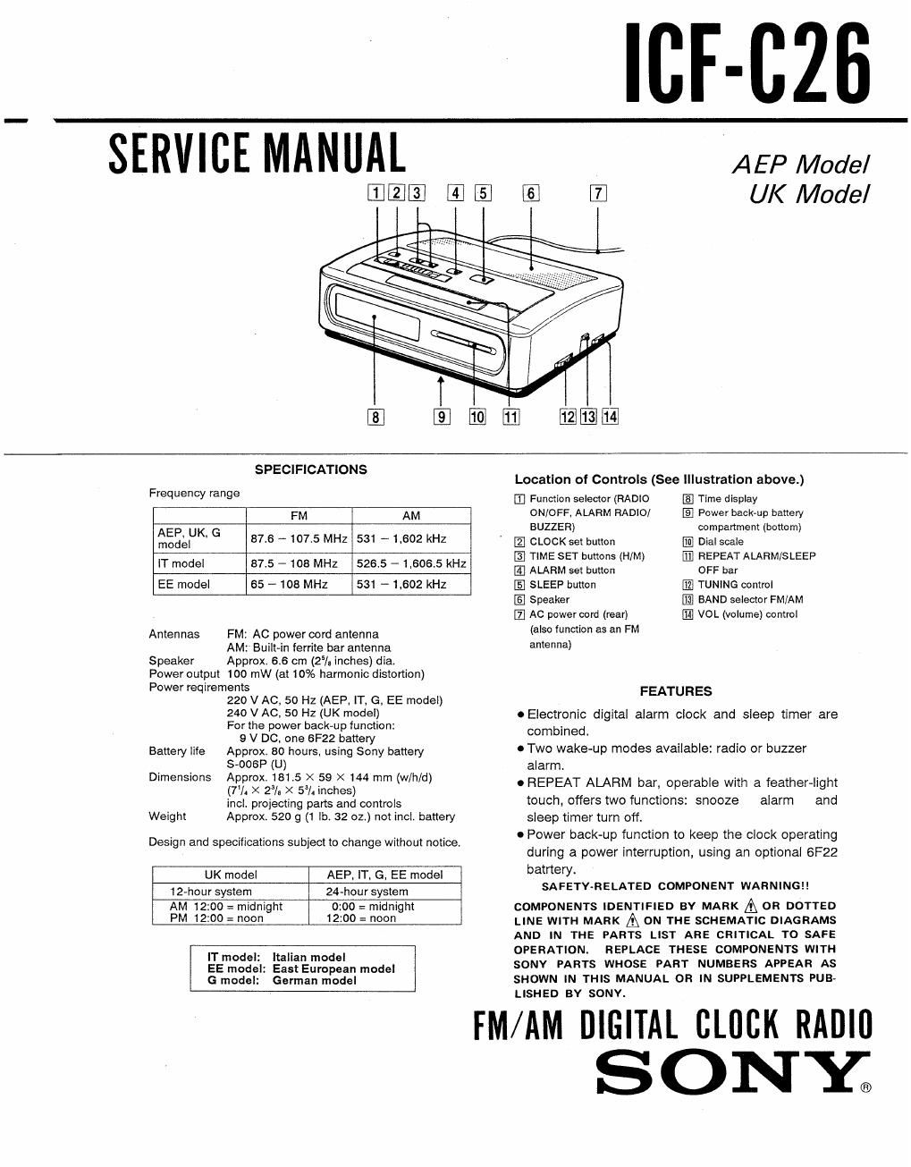 sony icf c 26 service manual