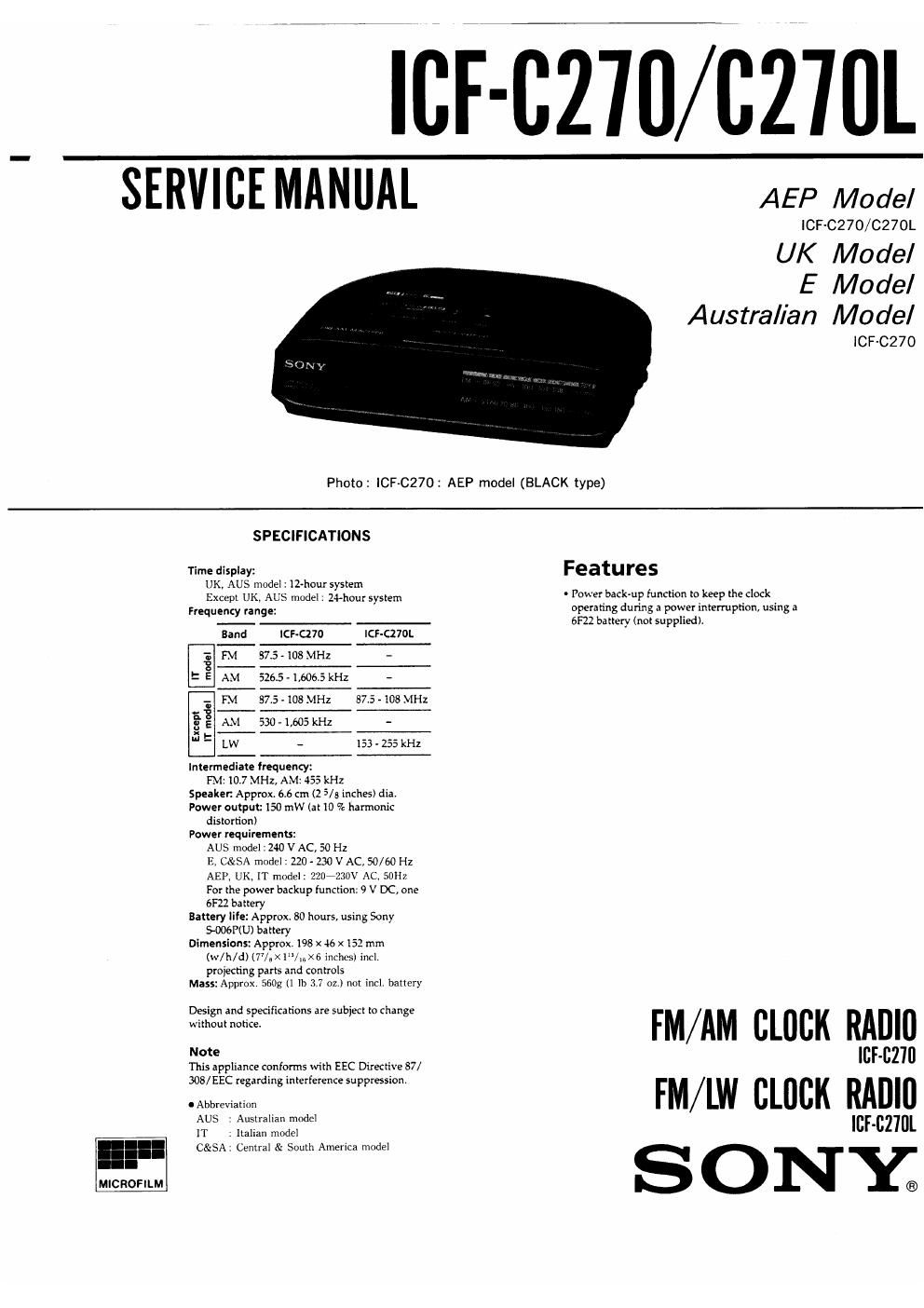 sony icf c 270 service manual