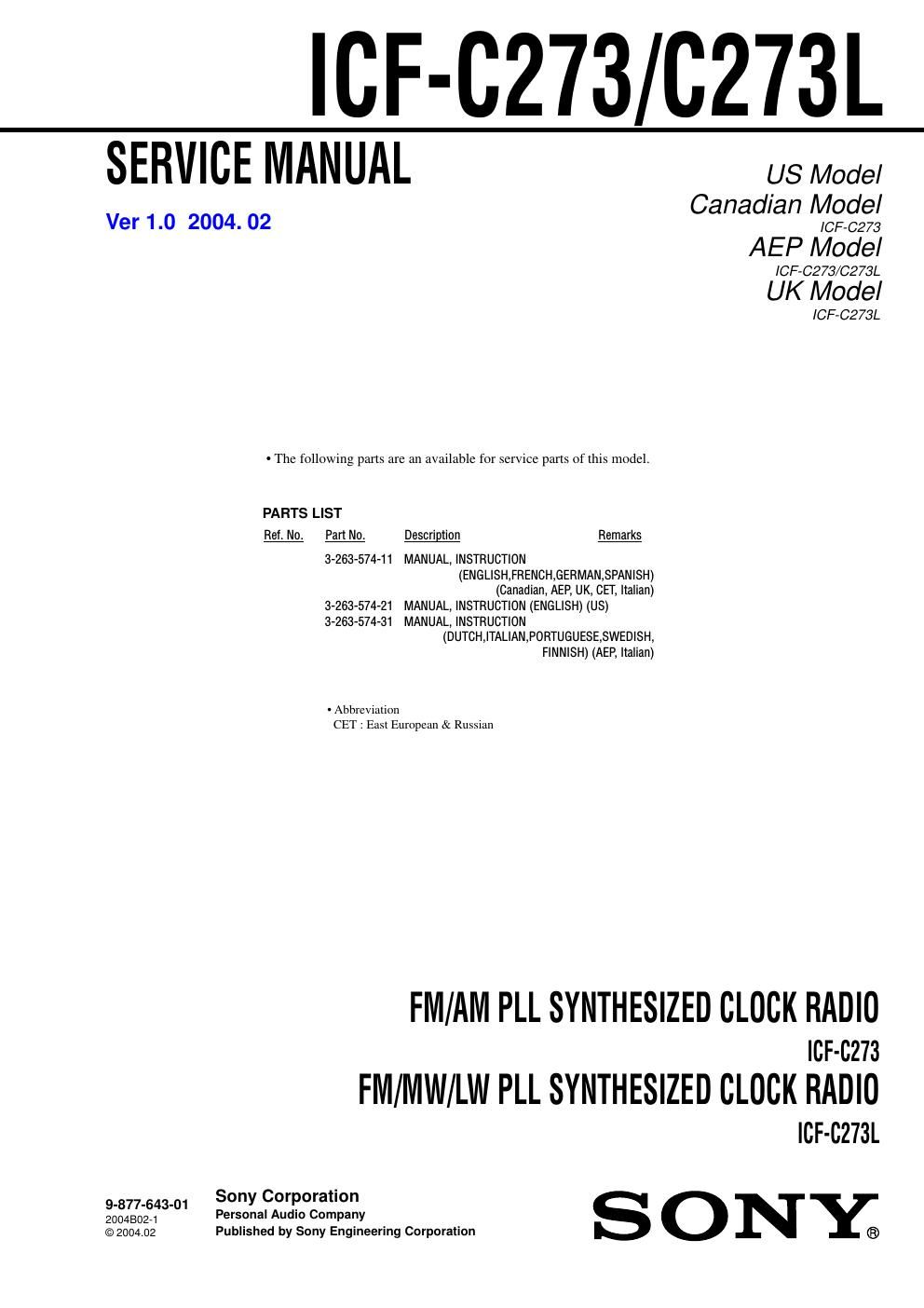 sony icf c 273 l service manual