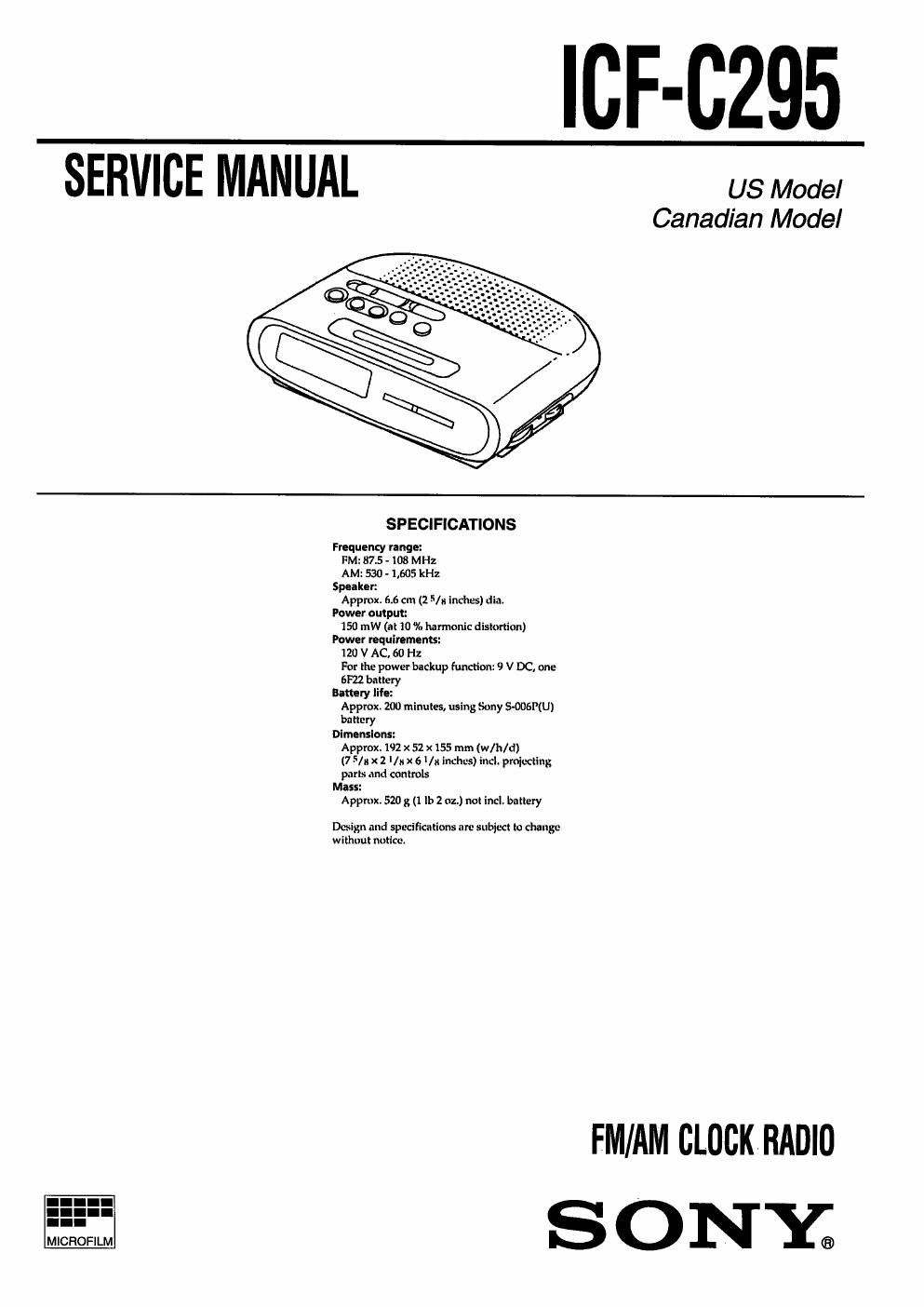 sony icf c 295 service manual