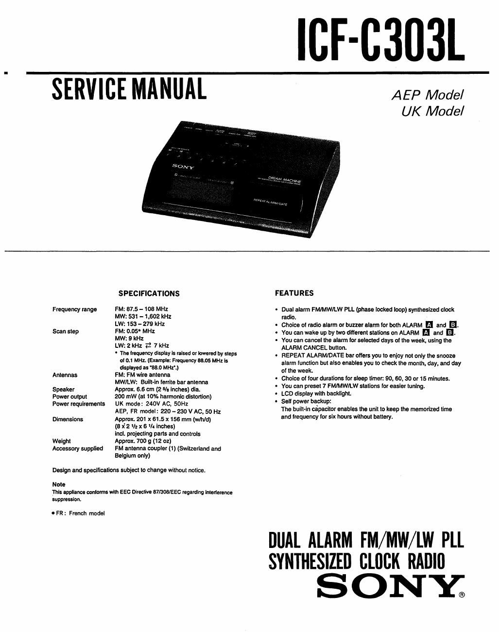 sony icf c 303 l service manual