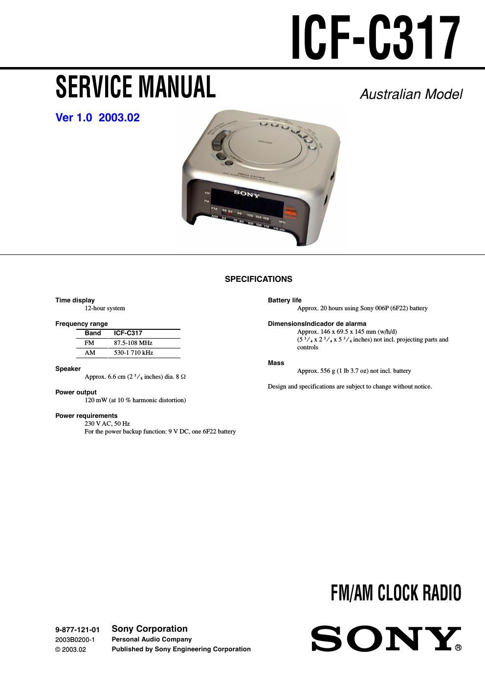 sony icf c 317 service manual