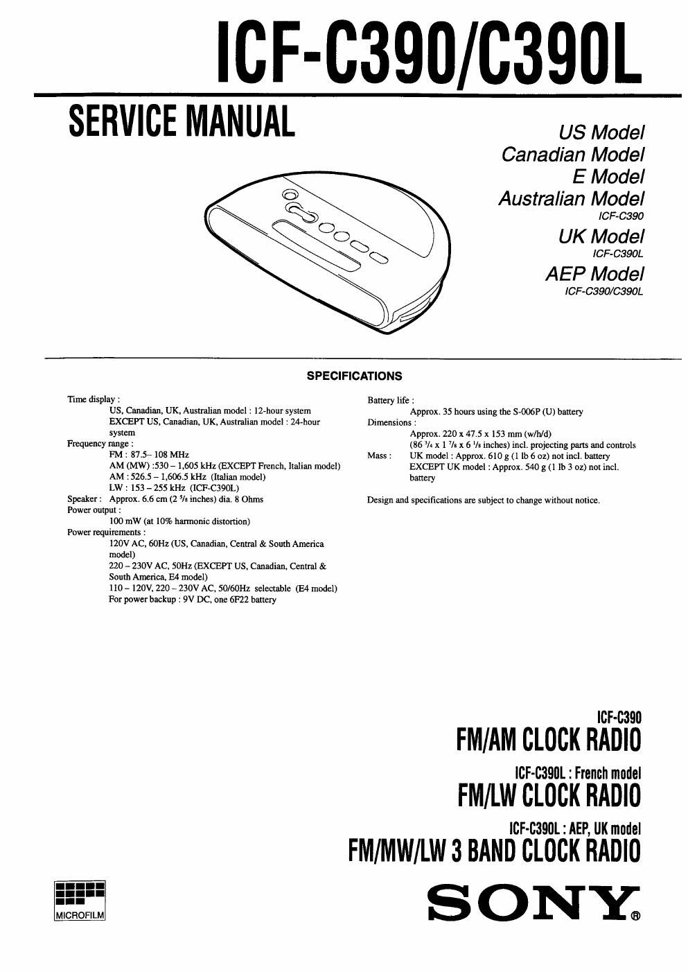 sony icf c 390 l service manual