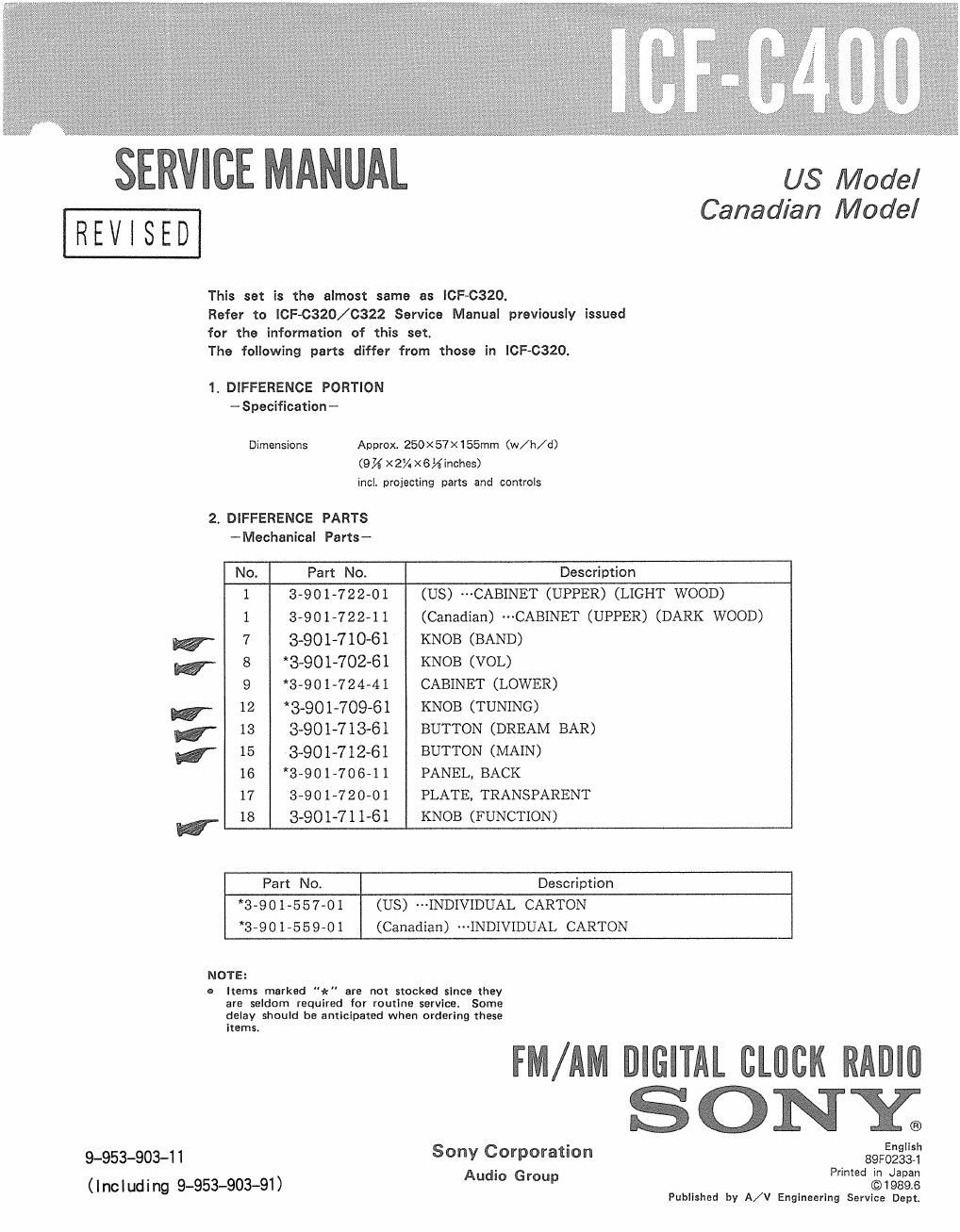sony icf c 400 service manual