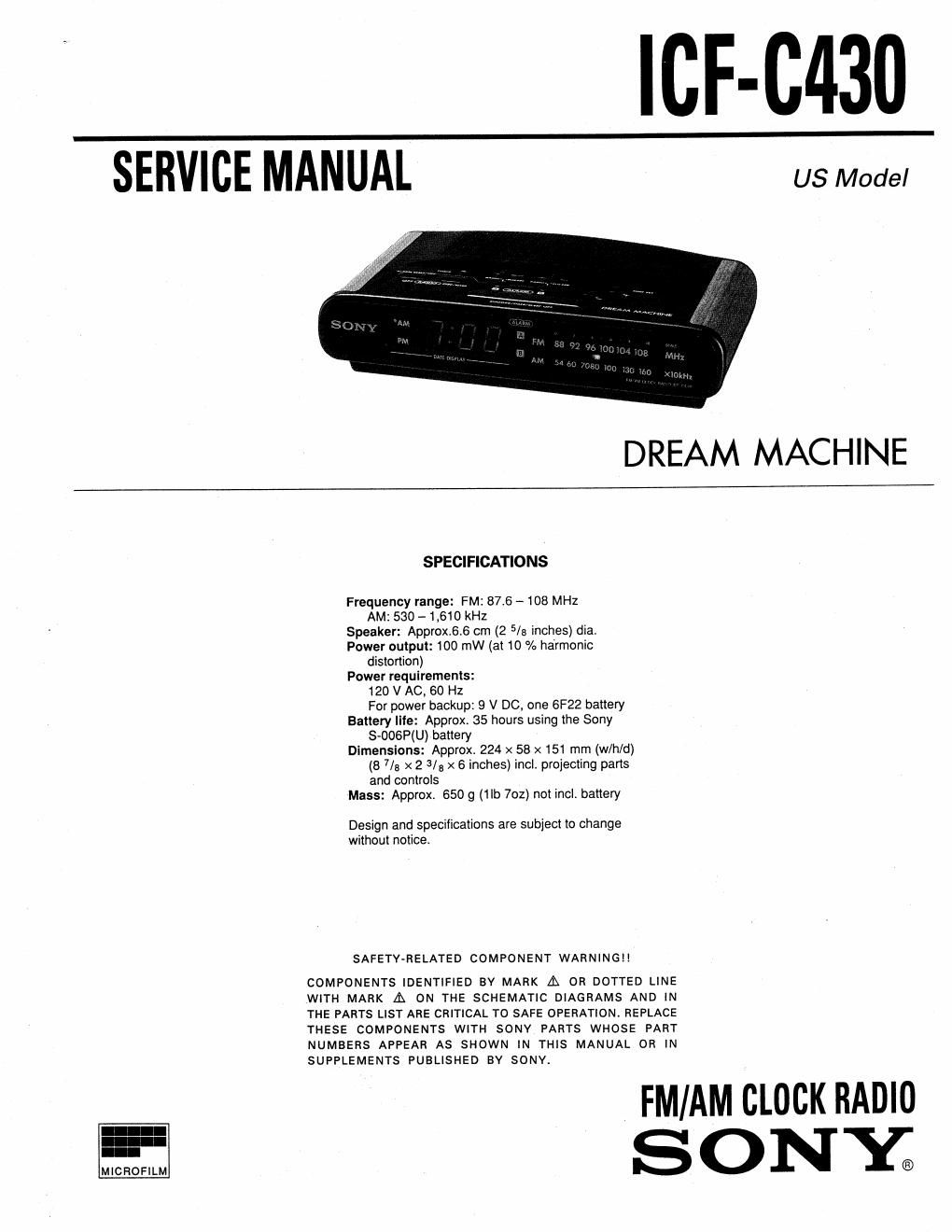 sony icf c 430 service manual