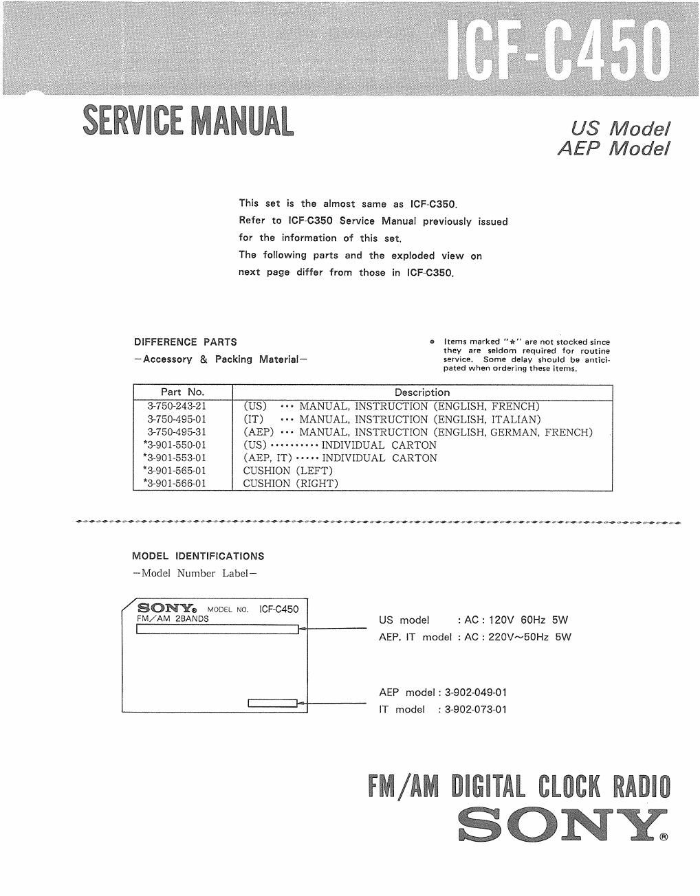 sony icf c 450 service manual