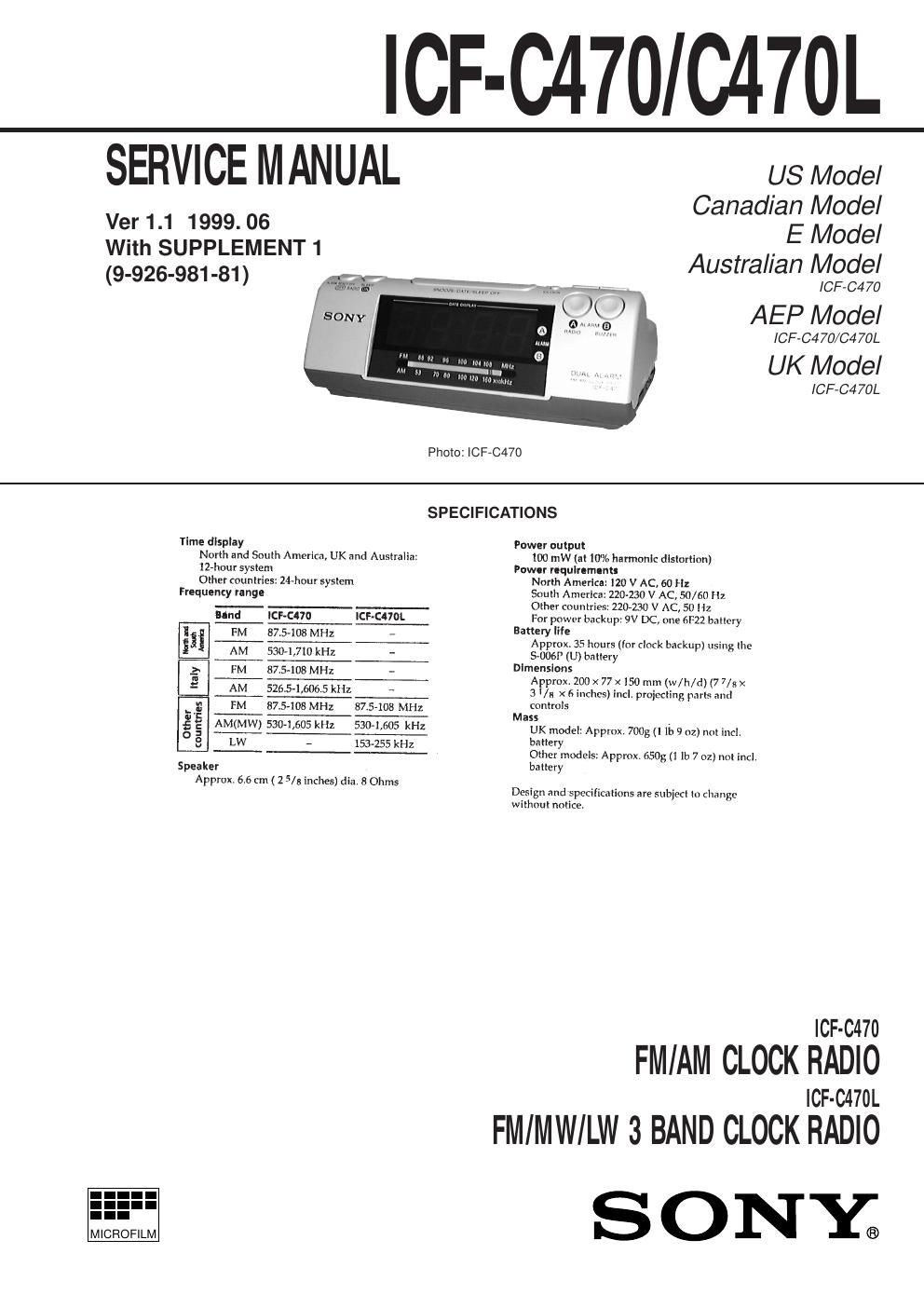 sony icf c 470 service manual