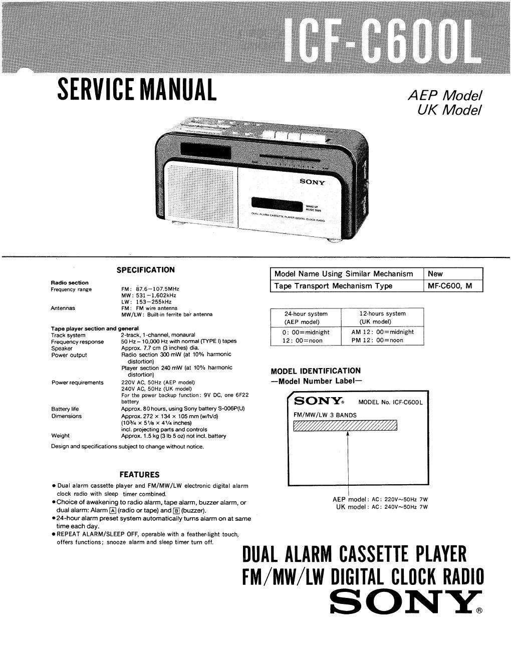sony icf c 600 l service manual