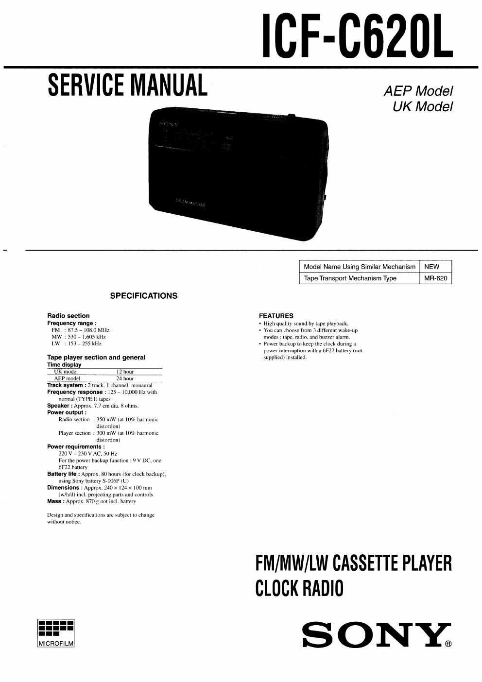 sony icf c 620 l service manual