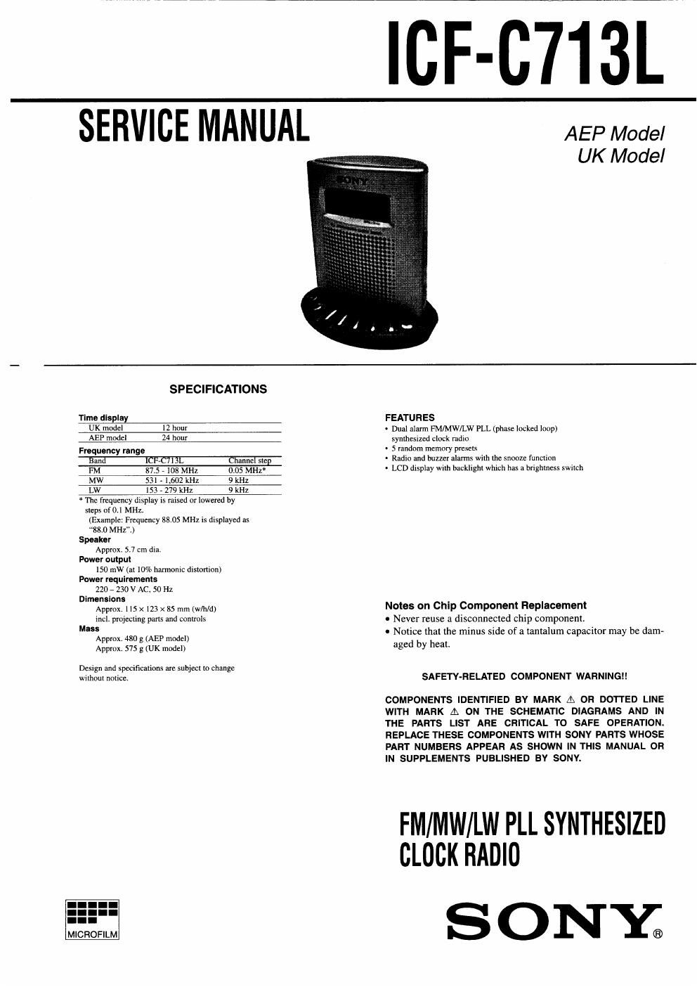 sony icf c 713 l service manual