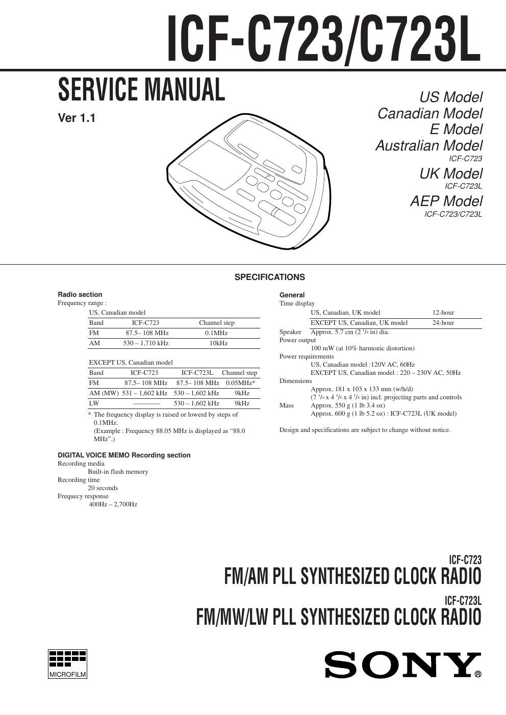 sony icf c 723 l service manual