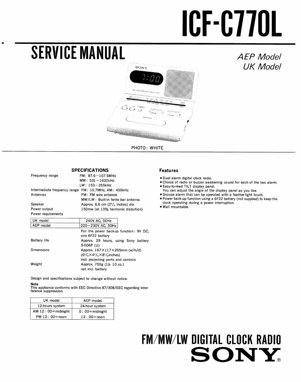 sony icf c 770 l service manual