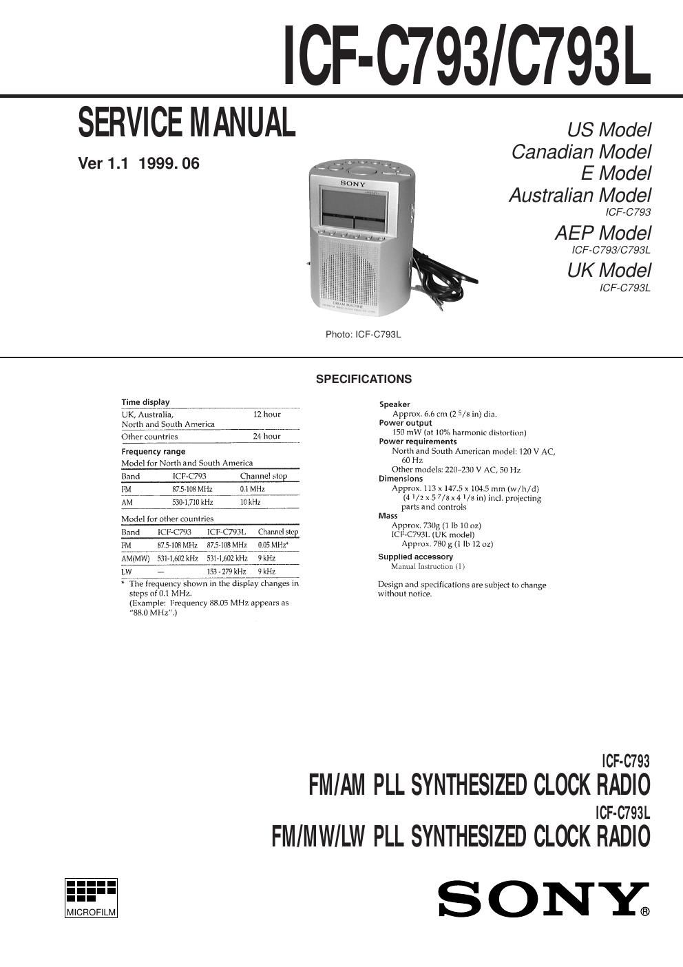 sony icf c 793 service manual