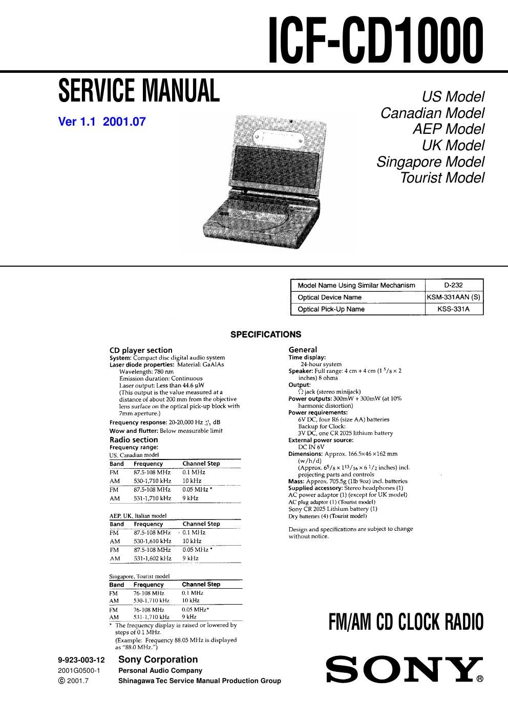 sony icf cd 1000 service manual