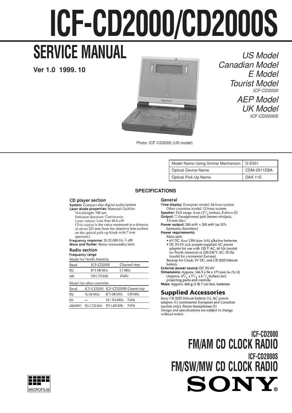 sony icf cd 2000 service manual