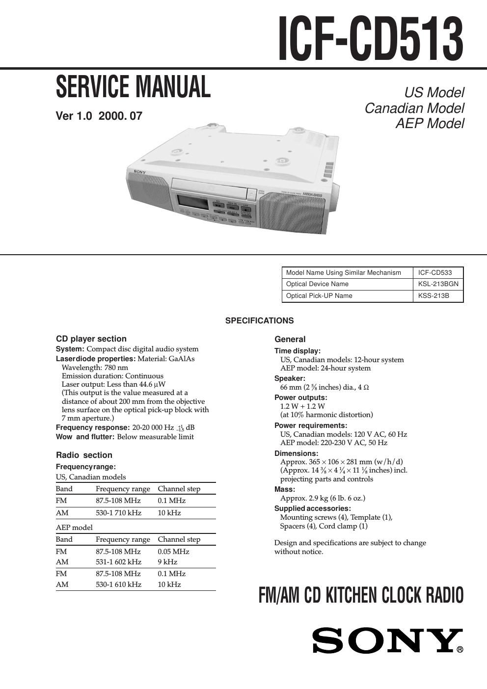 sony icf cd 513 service manual